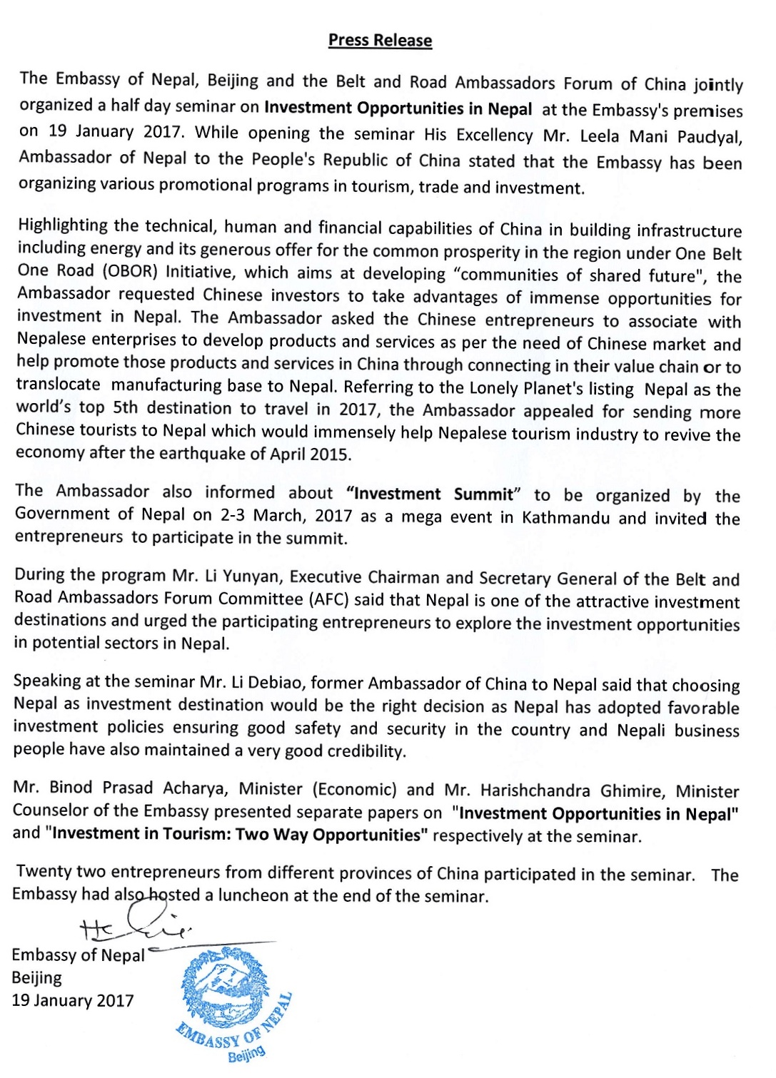 Press release-Investment opportunities in Nepal