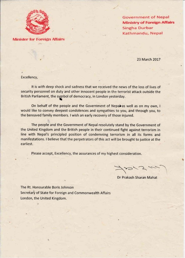 Letter from the Minister of Foreign Affairs of Nepal addressed to the