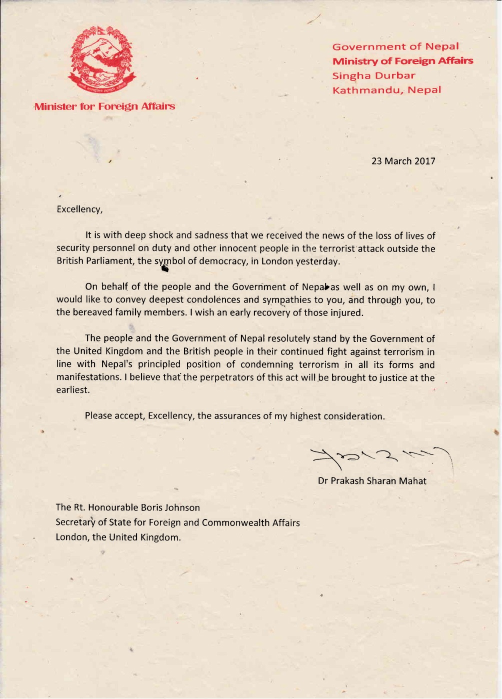 Letter From The Minister Of Foreign Affairs Of Nepal Addressed To The 